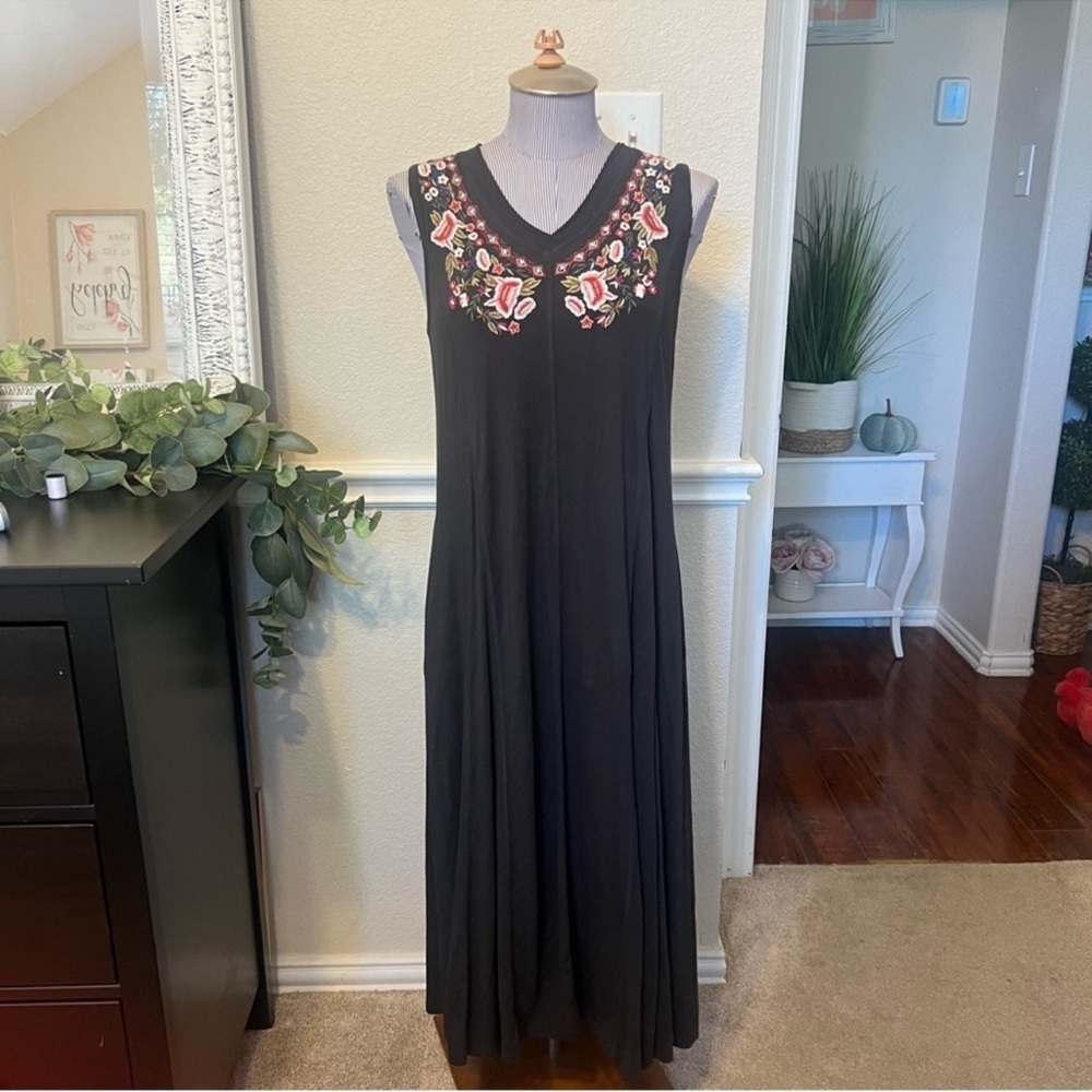 Coldwater Creek Maxi Dress Womens Gray Floral Embroidered Stretch PS